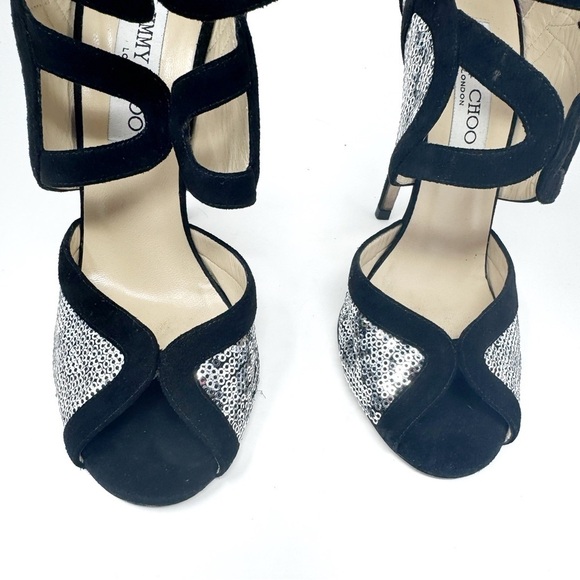 JIMMY CHOO Silver Sequin Black Suede Cut Out Temptress Stiletto Heels 37.5 - Picture 4 of 11